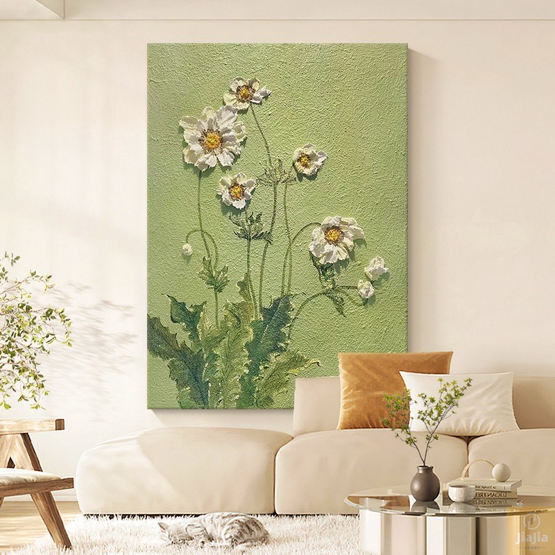 纯手绘油画现代极简客厅装饰画白色花卉玄关立体丙烯肌理感挂优选图片