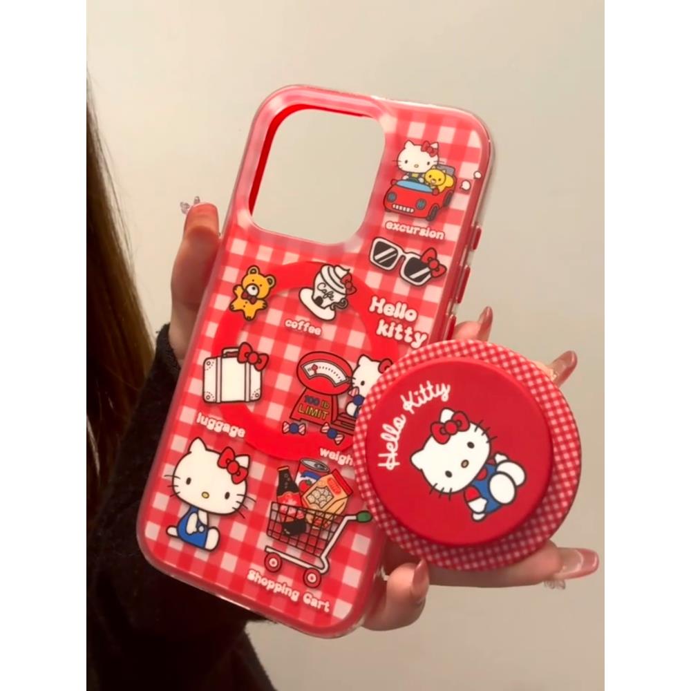 可爱Kitty猫红格纹小推车磁吸支架适用iPhone16promax新款15promax不撞壳14pro高级13pro少女心16防摔保护套