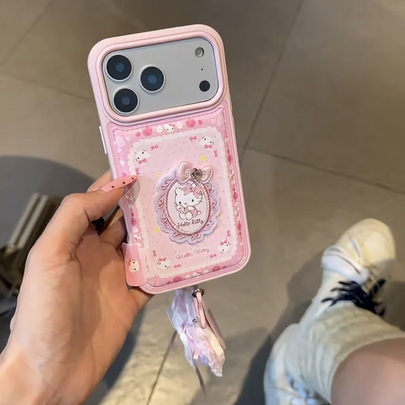 卡通可爱粉皮纹梳妆镜hellokitty适用苹果iphone17promax手机壳16promax少女心15pro防摔14pro保护套13挂件