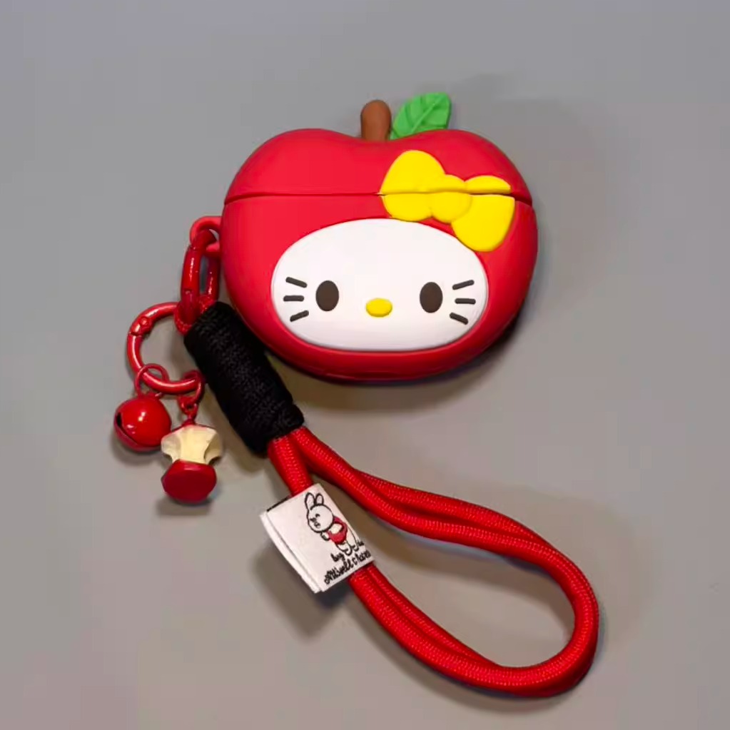 卡通可爱红苹果Kitty适用苹果AirPods4代蓝牙耳机套AirPodspro3代个性AirPods1/2硅胶AirPodspro2防摔耳机盒