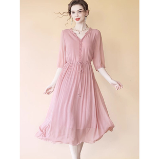 粉色真丝连衣裙早秋2024新款温柔风减龄气质长裙大牌杭州桑蚕丝裙