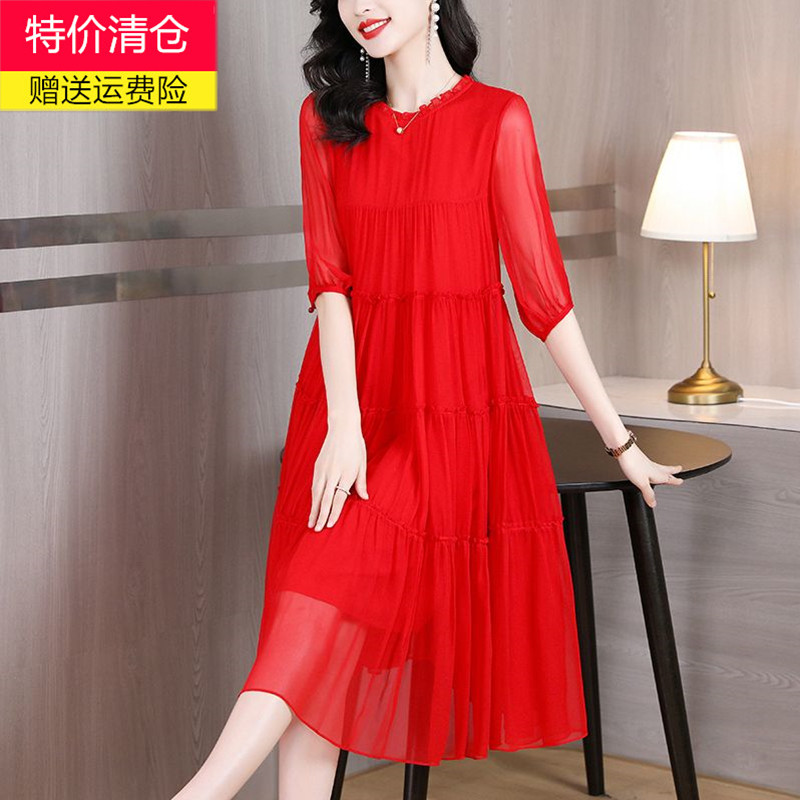 韩版宽松蛋糕裙雪纺连衣裙女2024新款夏季妈妈装飘逸仙气大摆裙子