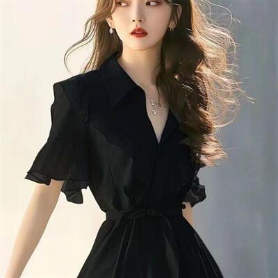 2024年夏装女那不勒斯法式黑色高端精致气质荷叶边收腰衬衫连衣裙