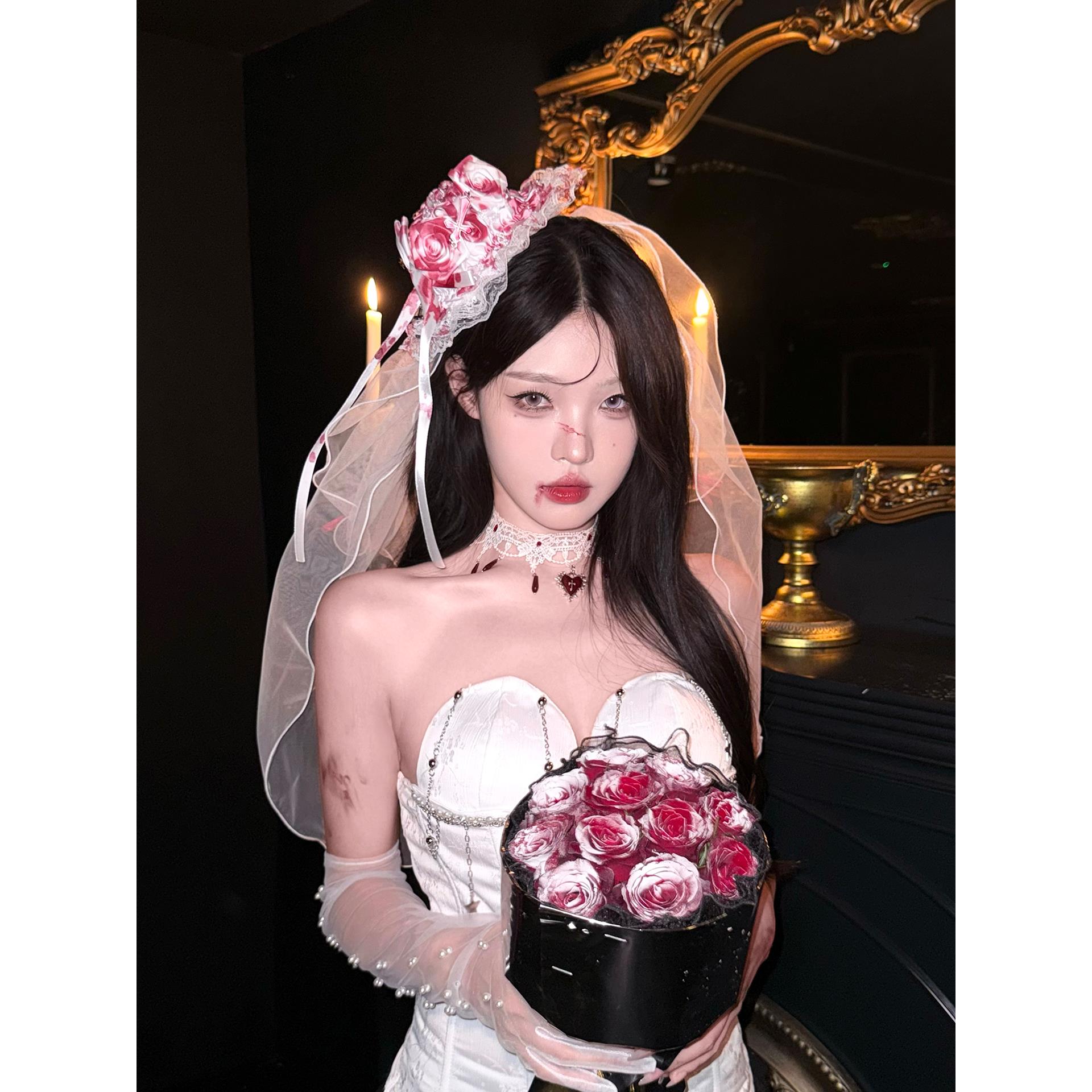 万圣节cos鬼新娘装扮玫瑰花小礼帽发夹网纱头饰哥特风lolita发饰