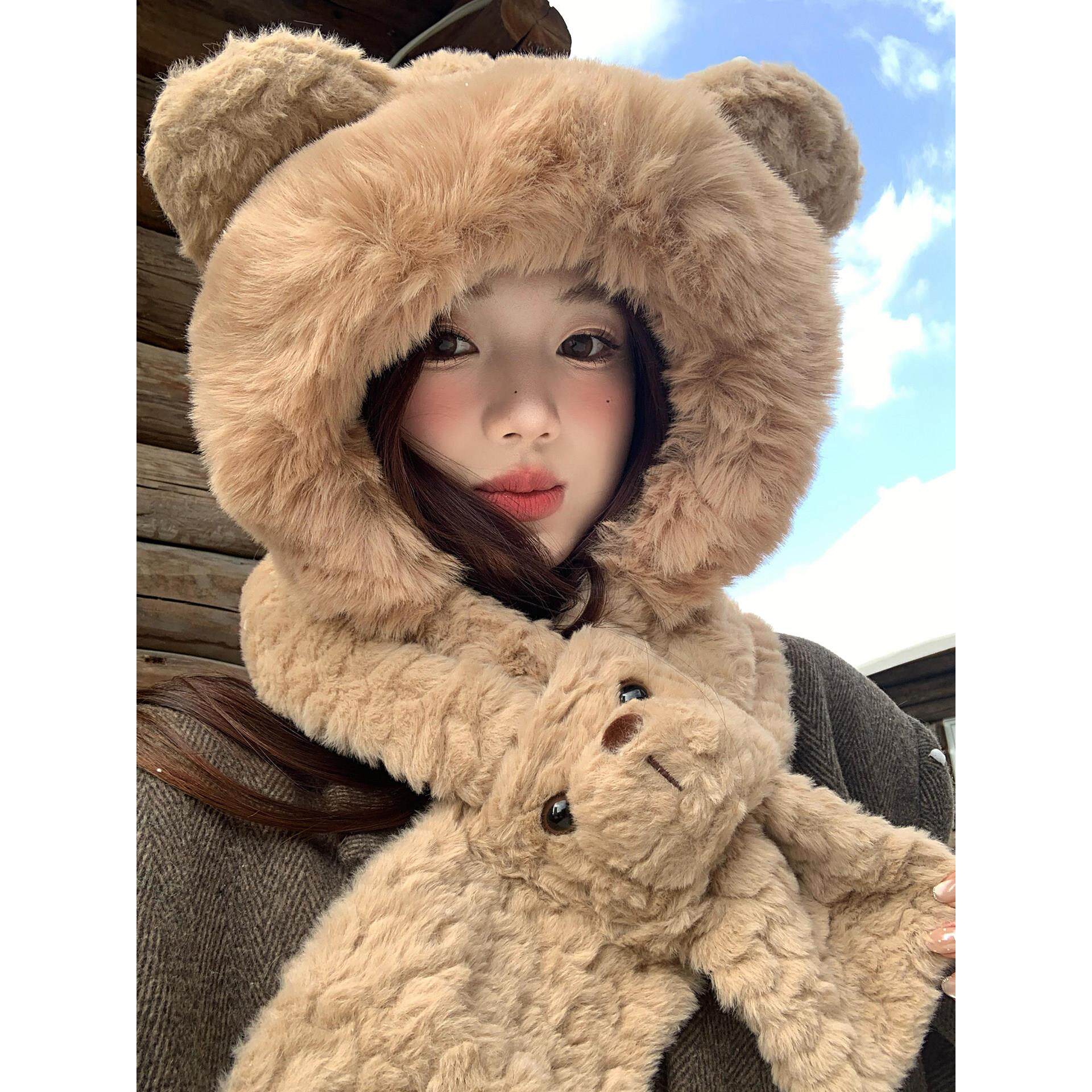 可爱小熊耳朵帽子围巾一体女冬季保暖防风加绒加厚毛绒围脖雷锋帽