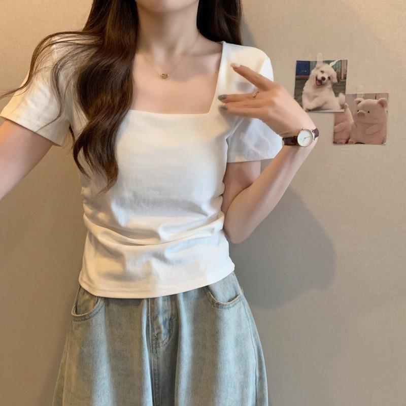 大码方领正肩短袖t恤女夏季新款胖mm显瘦修身露锁骨辣妹短款上衣
