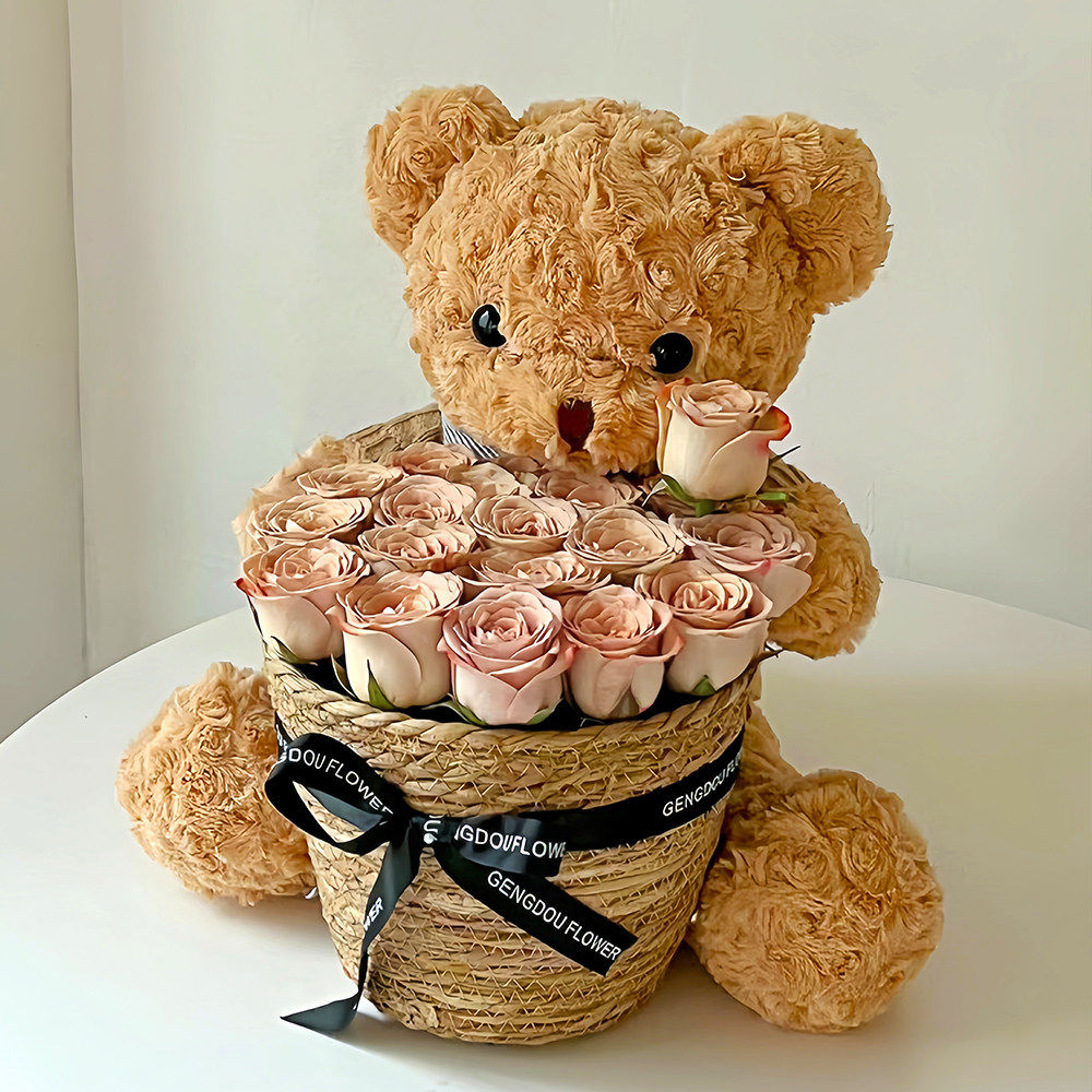 生日礼物女生可爱小熊玩偶花束公仔永生花抱抱桶七夕情人节礼品