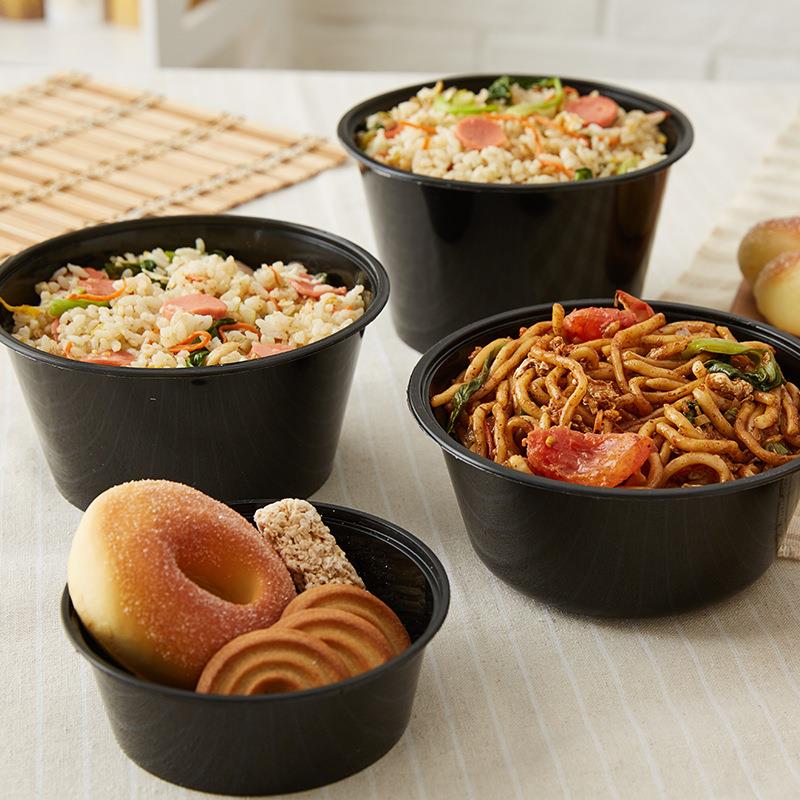 高盖圆形1000ml一次性饭盒黑色外卖打包盒加厚汤碗快餐盒冰粉碗