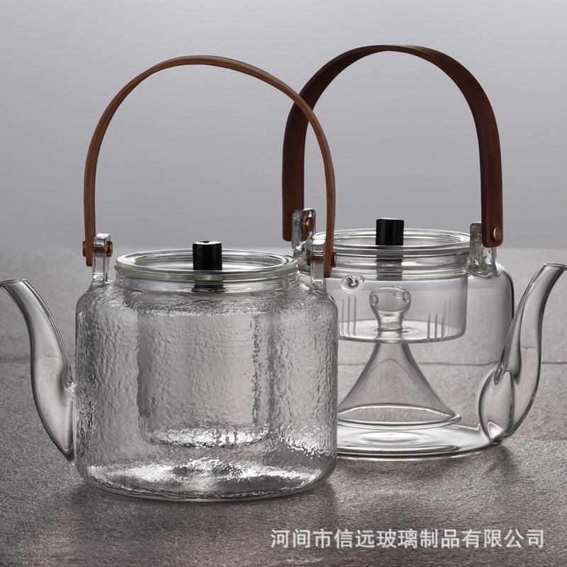 耐高温家用玻璃煮茶壶大容量竹把提梁壶电陶炉蒸煮两用壶锤纹壶