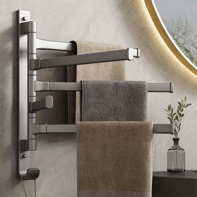 枪灰色旋转毛巾架免打孔毛巾杆多杆卫生间置物架壁挂洗漱台收纳架