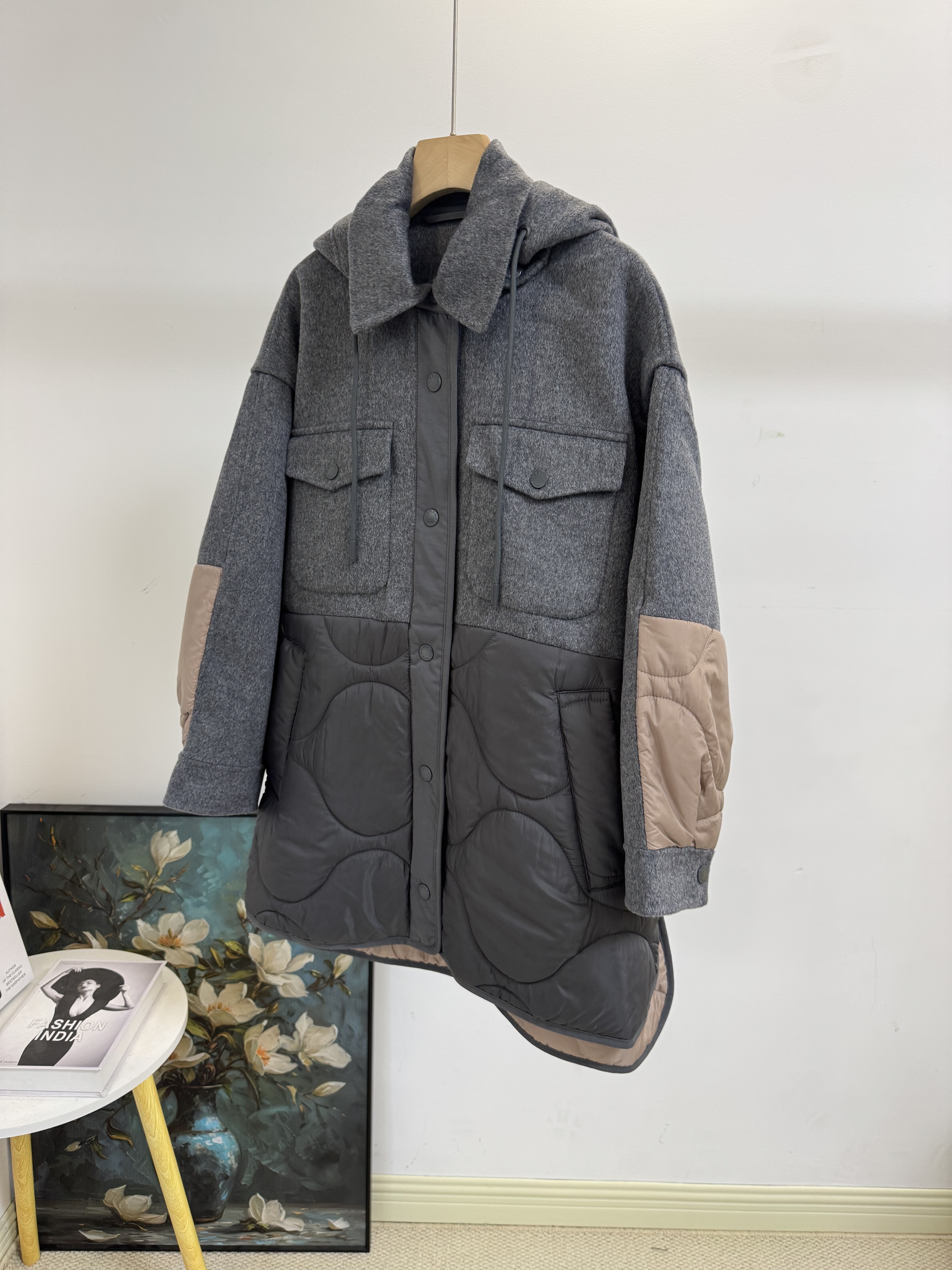 大簰控元M 绵羊毛呢拼接棉服可拆卸连帽休闲宽松中长款棉服外套女