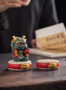 热销新中式e创意青砂石鼓底座精品红色工艺品茶壶茶杯盖置摆件底