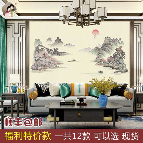 热销独绣山水壁布墙布新中式沙发客厅电J视新品独秀背景墙壁画刺