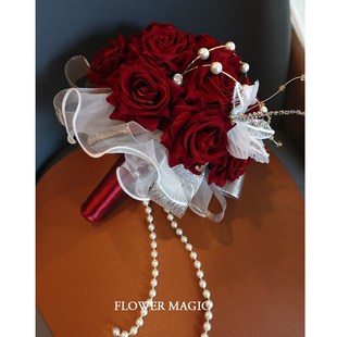 极速【玫b瑰花球手捧花】酒红色珍珠流苏水晶闪喜庆新娘结婚礼摄