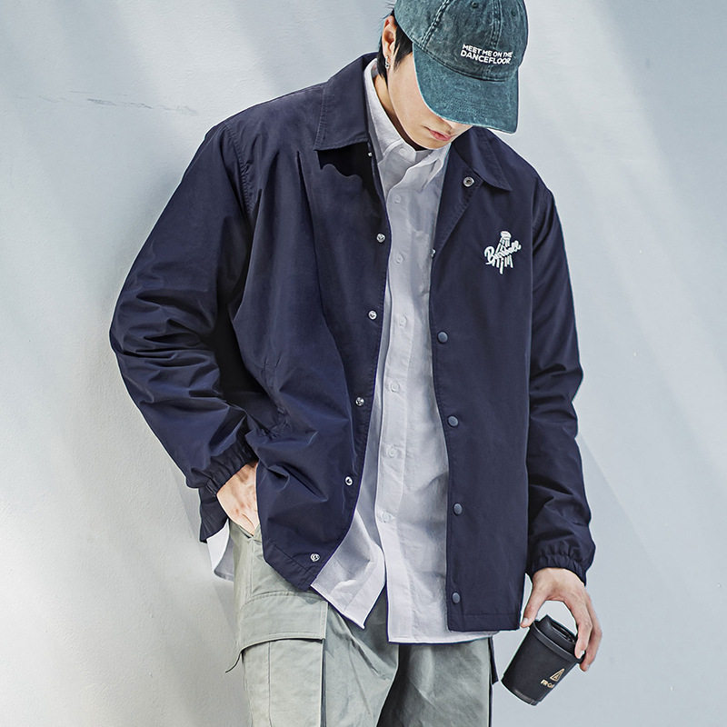 MRA男装日系复古刺绣教练夹克翻领藏青色运动外套棒球衣服男早秋