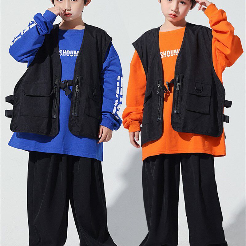 现货速发少儿街舞潮服演出服嘻哈套装男孩马甲套装孩hiphop表演服