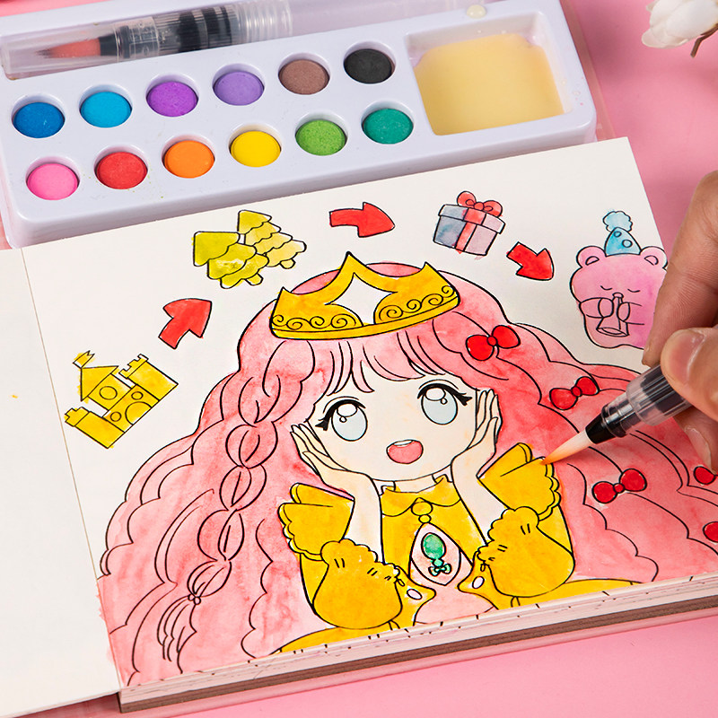 现货速发画画儿童涂色颜料沾水画水彩画孩涂鸦自带颜料填色便携绘