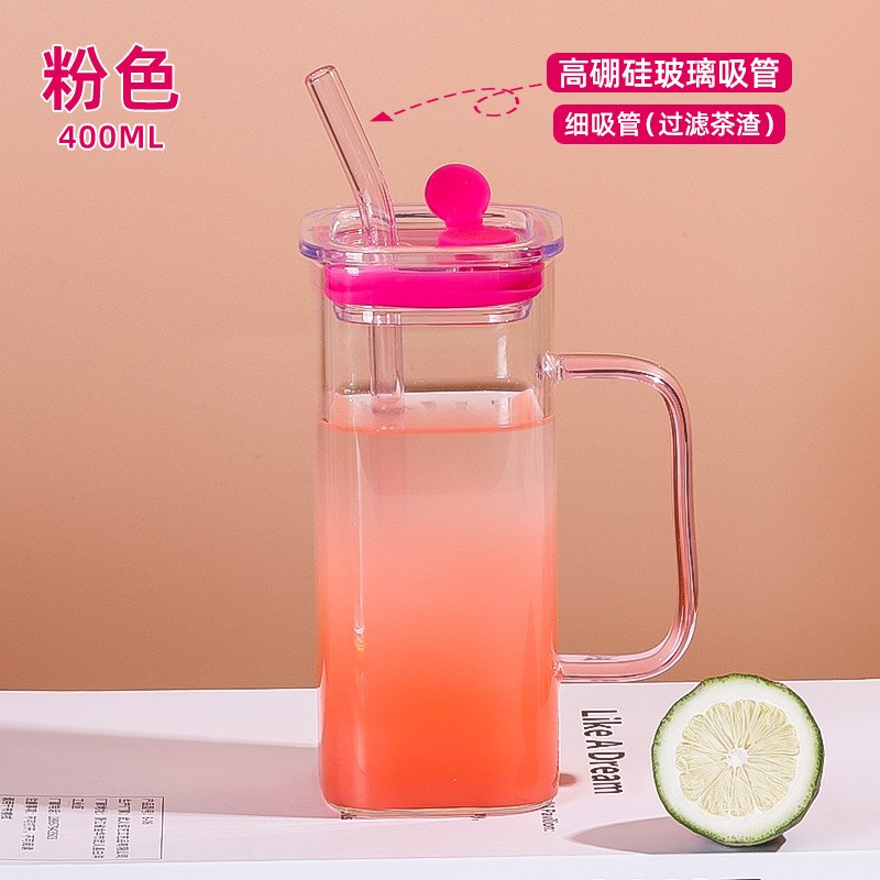 现货速发方形玻璃杯茶杯杯子生高颜值冰川杯高硼硅吸管杯果汁杯家