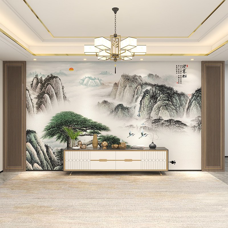 现货速发黄山迎客松水墨山水国画装饰壁画中式电视背景墙纸客厅沙