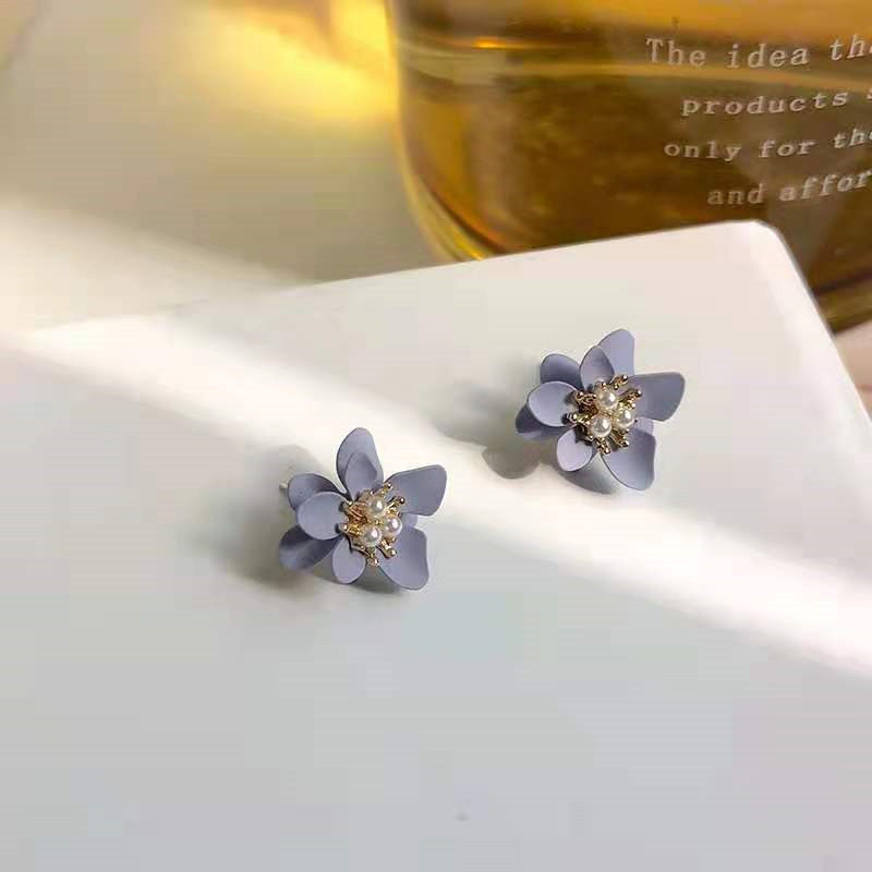 现货速发S银针韩版紫色立体感双层花朵珍珠花蕊耳钉个性小巧少耳