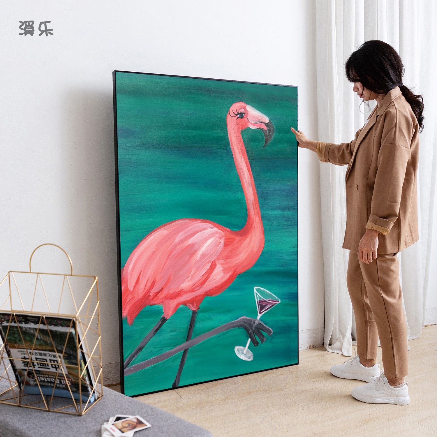 溪乐简约入户玄关装饰画走廊过道抽象画客厅背景墙落地画火烈鸟