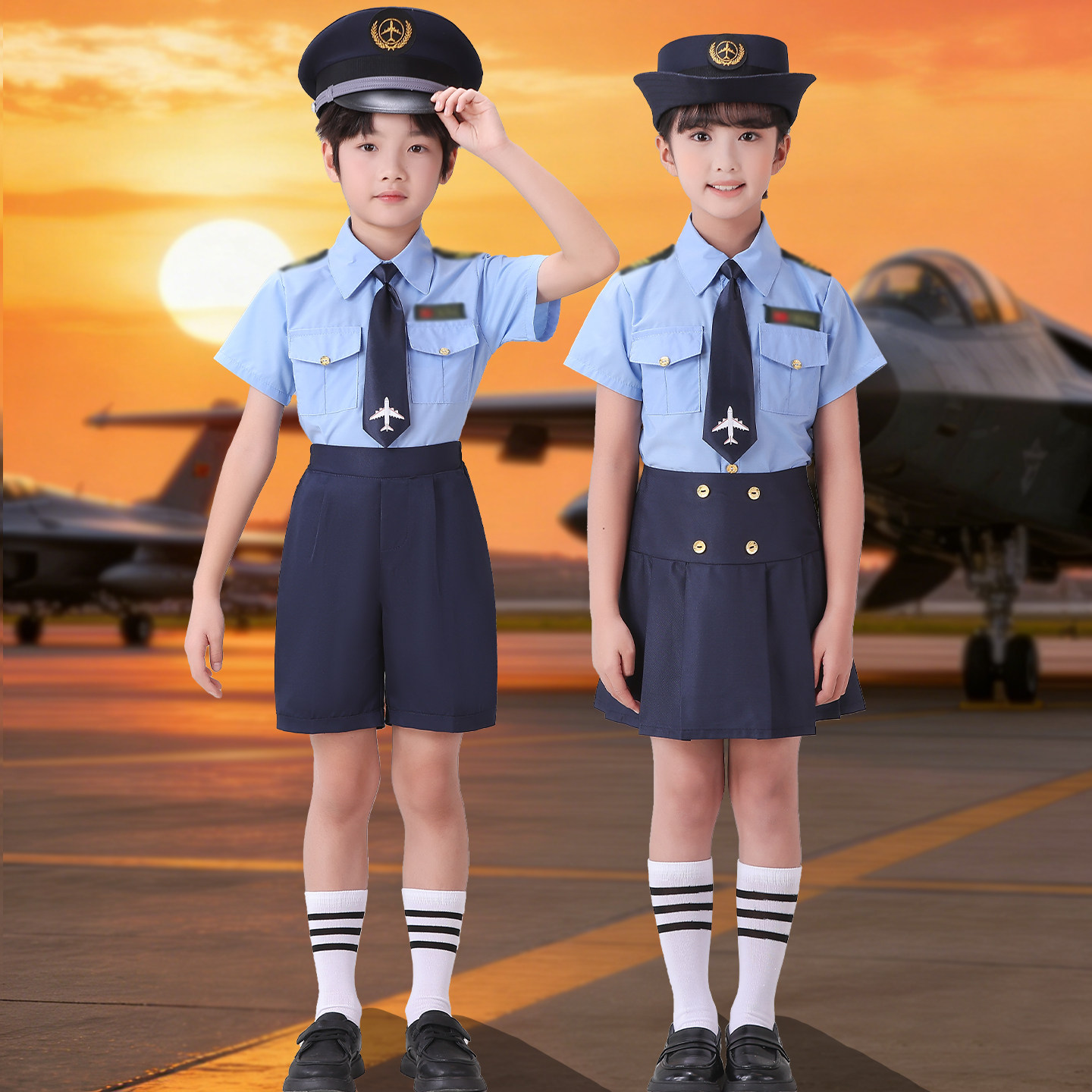 儿童蓝色运动会开幕式服装中小学生空军制服机长飞行员角色扮演