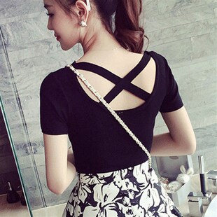 速发交机领口小心u漏后背镂空大叉t恤紧身舞蹈瑜伽服纯棉半袖 黑