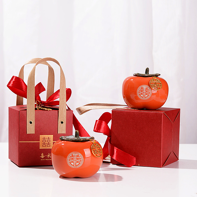 速发盒结婚伴手礼家叶嫁罐用品陶瓷茶用罐婚庆柿子妆礼品