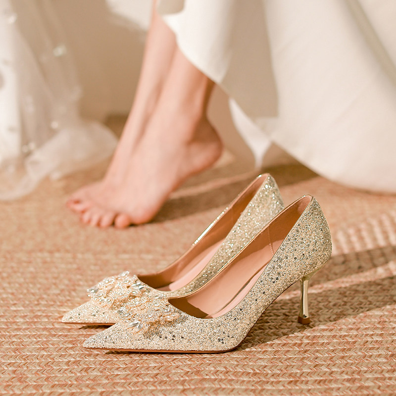 速发法式婚质水晶美绝鞋气鞋高跟鞋202年新款细跟主婚纱礼服配裙