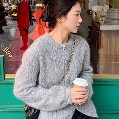 速发复衣灰色马海毛针织开衫春季软糯慵懒风毛古外套上衣