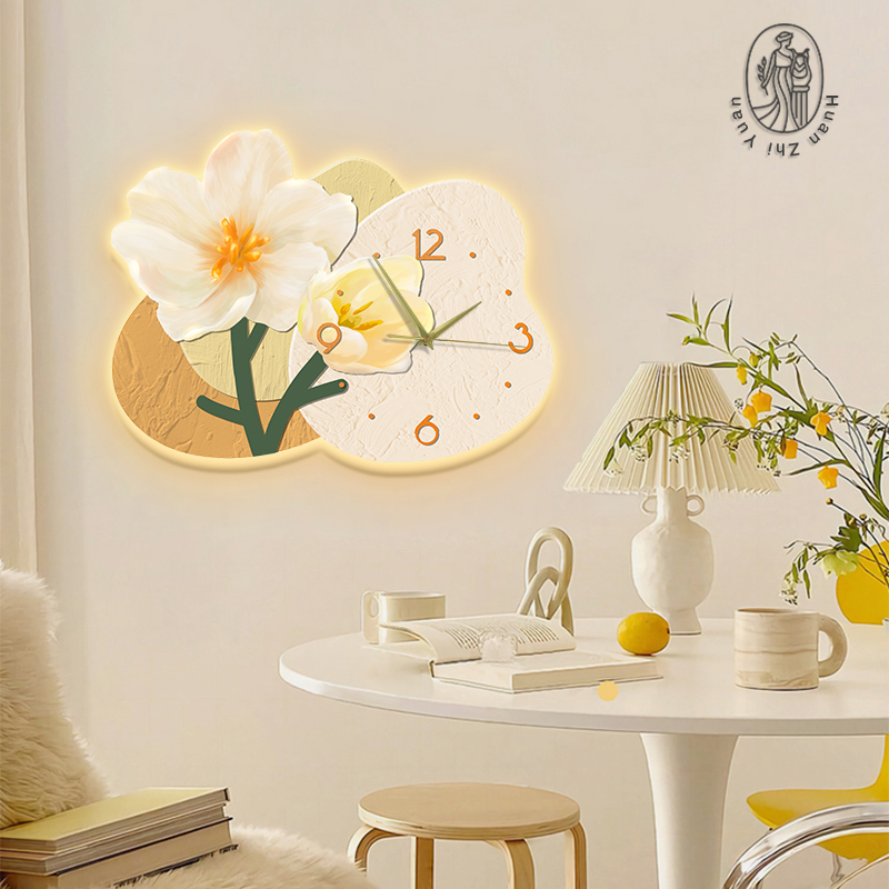 速发花卉餐桌音饰画静装钟表新款儿童房卧室书厅挂画艺术带灯壁画
