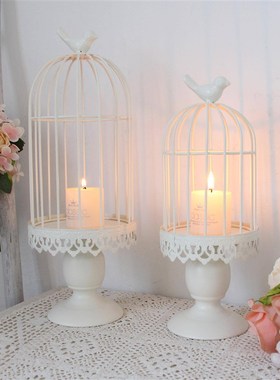 速发白色烛台装饰鸟二铁件烛古复台套笼简约家居饰品装饰摆件多肉