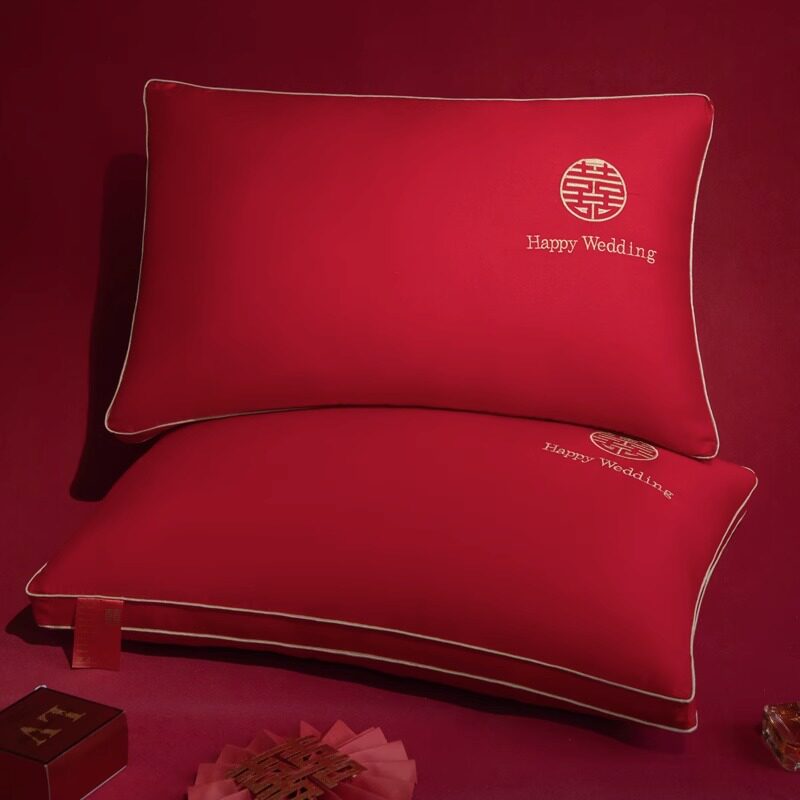 速发结婚枕头红棉刺绣一对装大全家喜庆新娘陪嫁色用纯棉枕芯婚庆