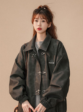 速发美式老钱风外套春秋款ove遮sizer肚闲衣藏肉设计感休上夹克