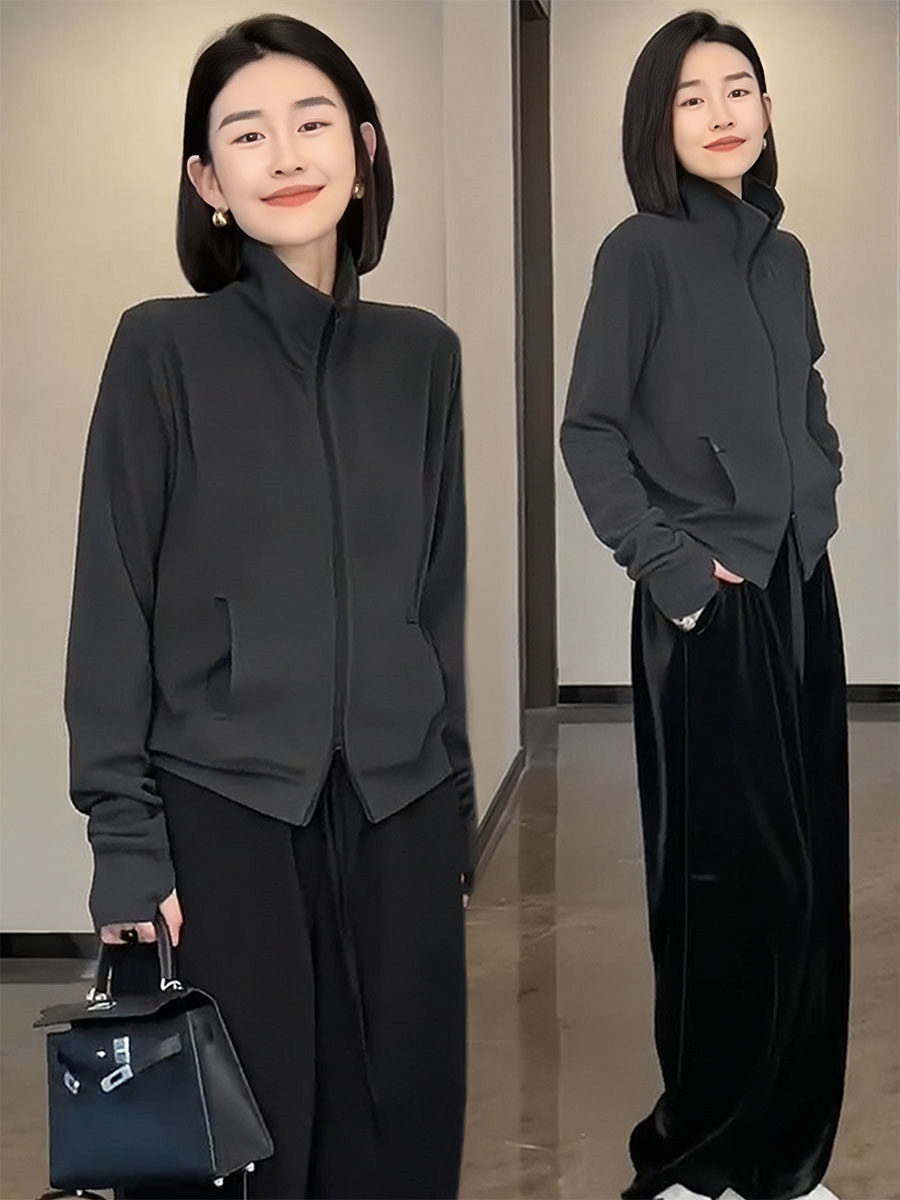 早秋装德绒立领灰色开衫卫衣外套女春秋2024O新款短款休闲运动上