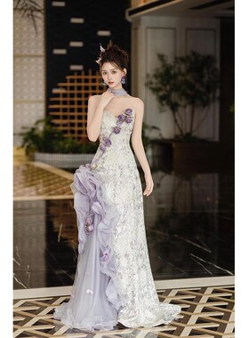 极速紫色抹胸晨袍晚礼服女2025新E款超仙新娘订婚结婚晨拍礼服裙