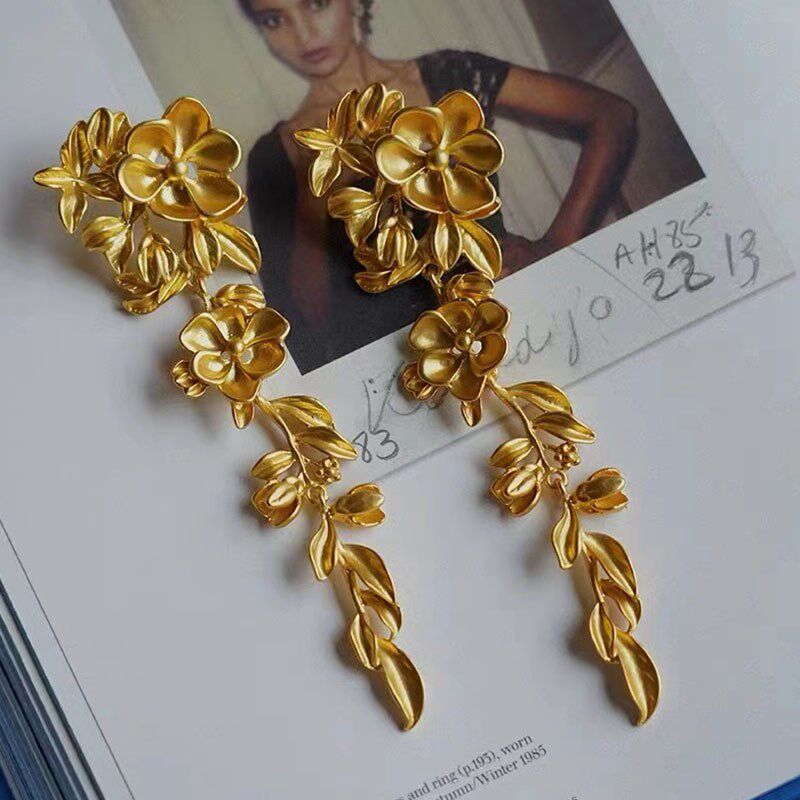 极速耳边铛满地繁花复古金色花E朵耳环夸张长款耳饰港风女
