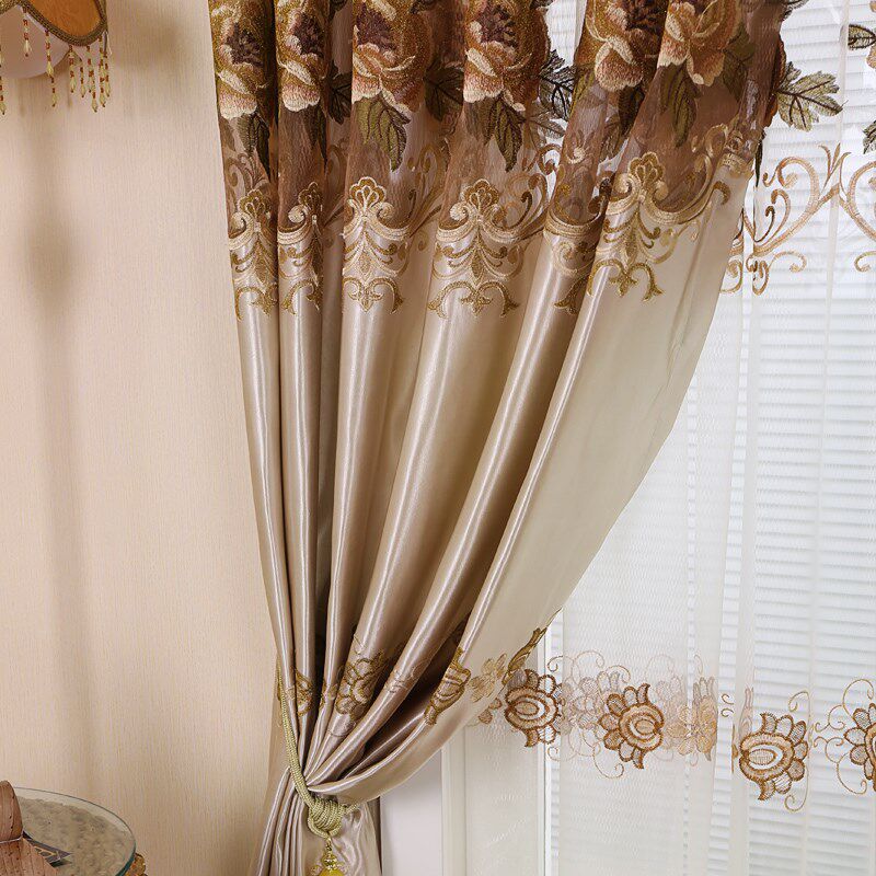 极速欧式现代简约客厅卧室t绣花窗帘窗纱定制半遮光布成品镂空布