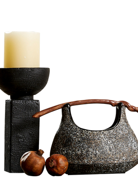 新品个性创意陶瓷提篮花瓶果盘花器客厅餐桌茶R几炭烧木烛台摆件