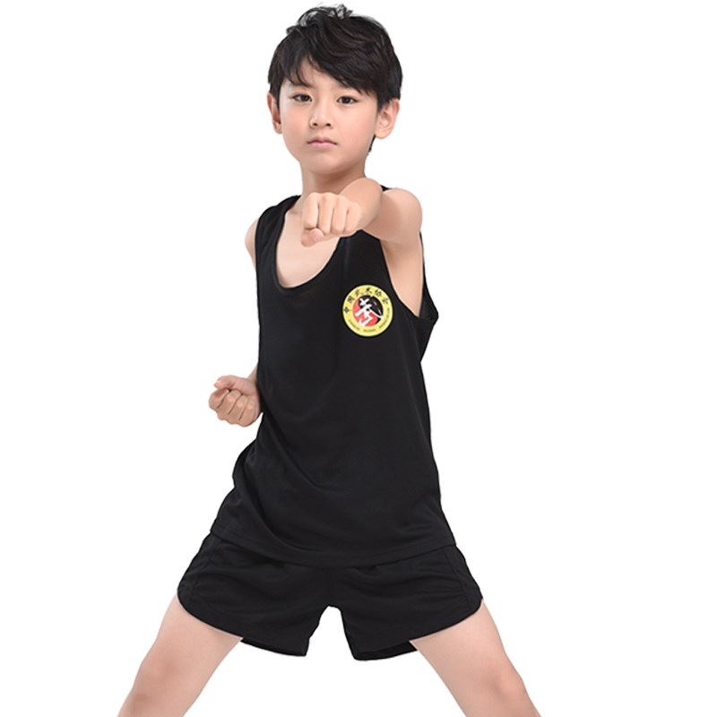 速发男童女童装速干武术背心短裤套装 夏季无袖T恤衫练功服武术服