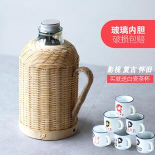 热水瓶家用手工竹编传统木塞热水壶茶室办公室保温瓶玻璃内胆水壶