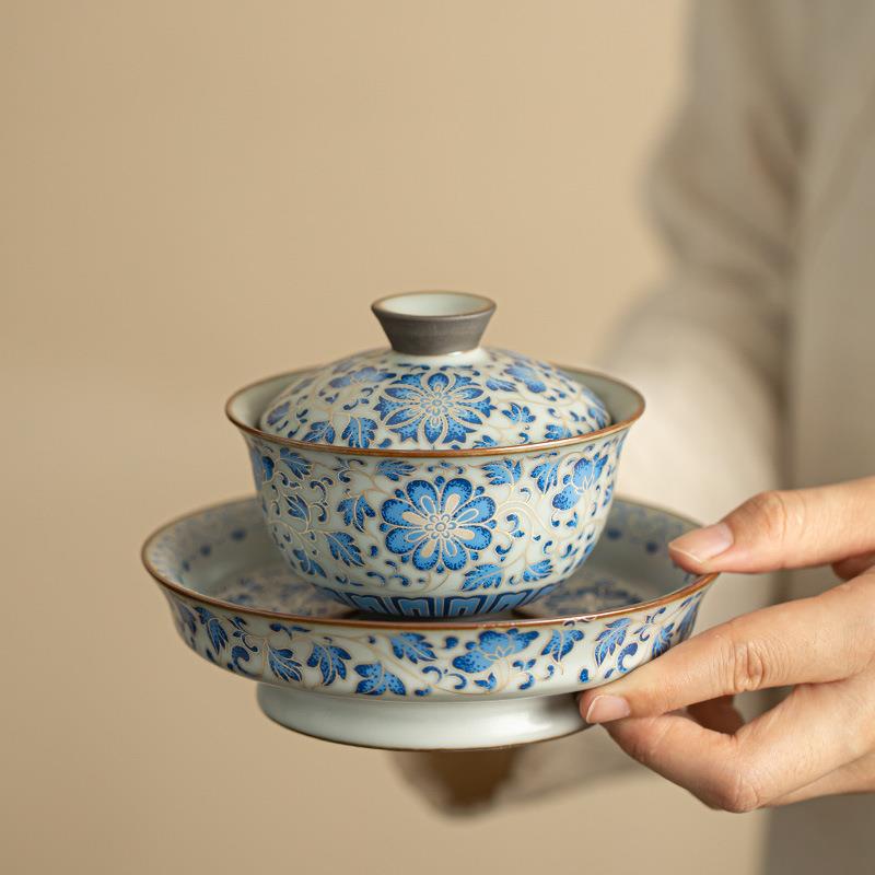 陶瓷茶杯主人杯单杯茶盏茶碗大号仿古青花杯银丝杯缠枝莲杯