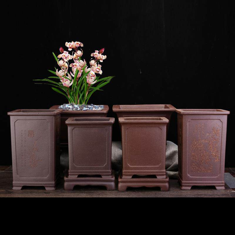 宜兴紫砂兰花盆客厅四方签筒阳台盆景盆仿古陶瓷蝴蝶兰君子兰