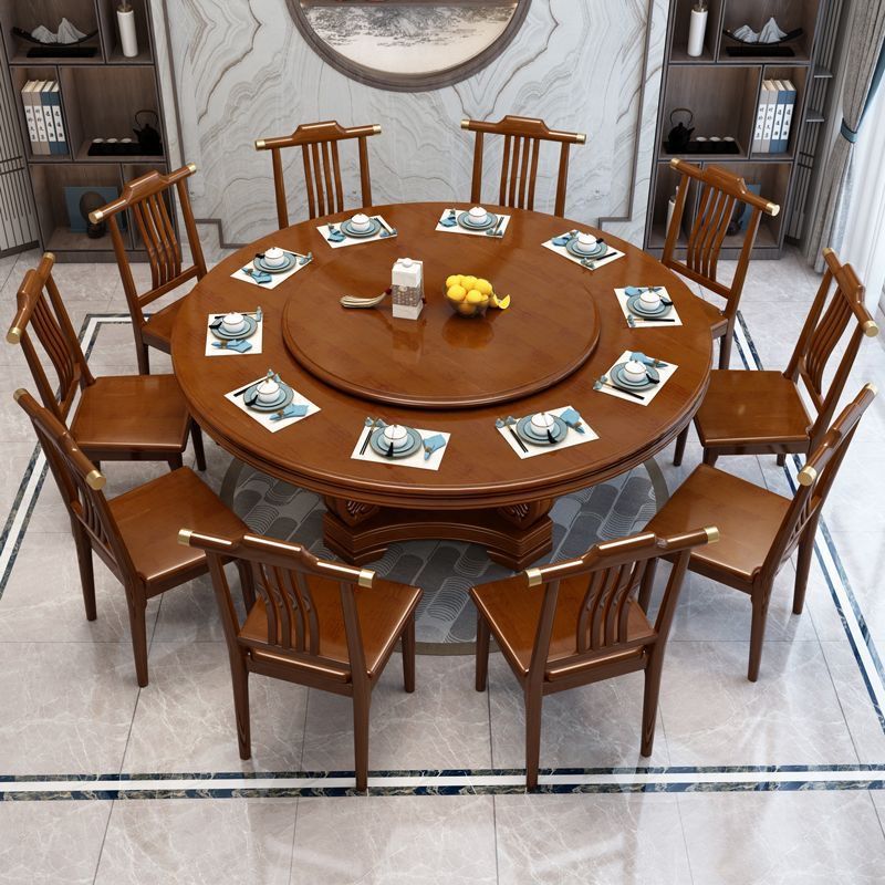 新中式实木餐桌椅组合家用圆桌带转盘圆形电磁炉吃饭桌饭店大圆桌