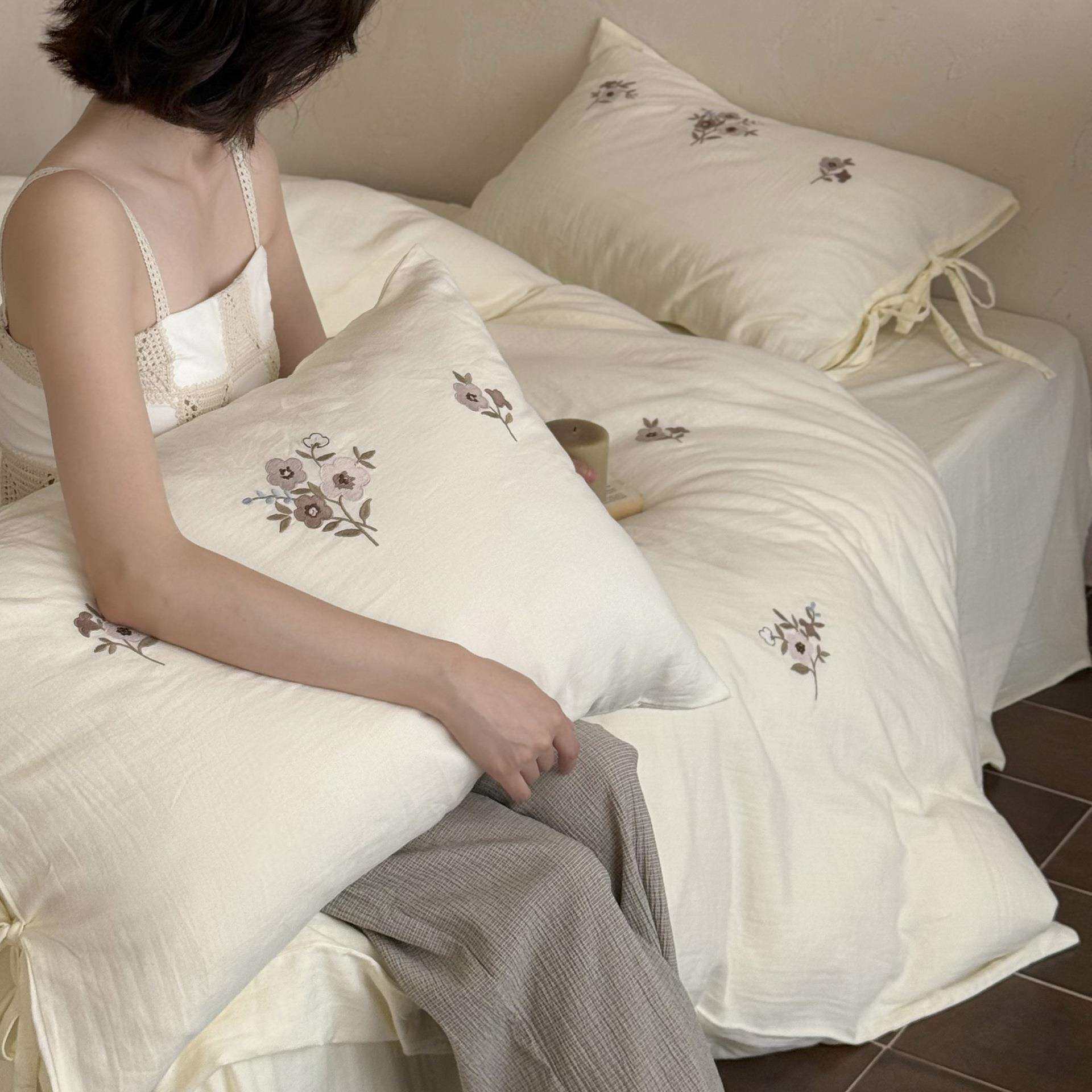 南法复古风全棉皱皱纱四件套刺绣花卉双层纱纯棉1.8m床单被套床品