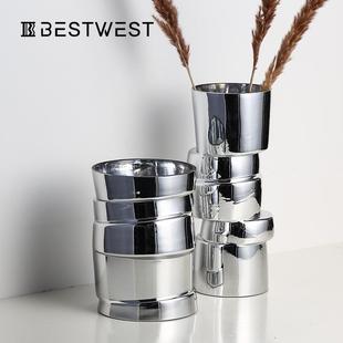 博西家居电镀玻璃银色小花瓶摆件样板间客厅插花器轻奢软装饰品