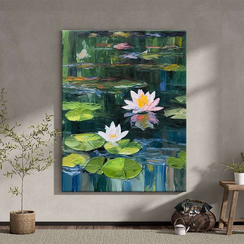 大芬油画村荷花卉立体挂画客厅印象派肌理装饰画玄关手绘睡莲壁画图片