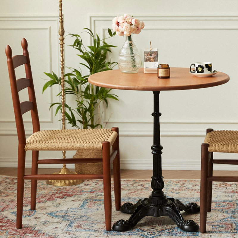 法式中古vintage实木绳编餐椅家用日式靠背化妆书桌复古夏克椅子