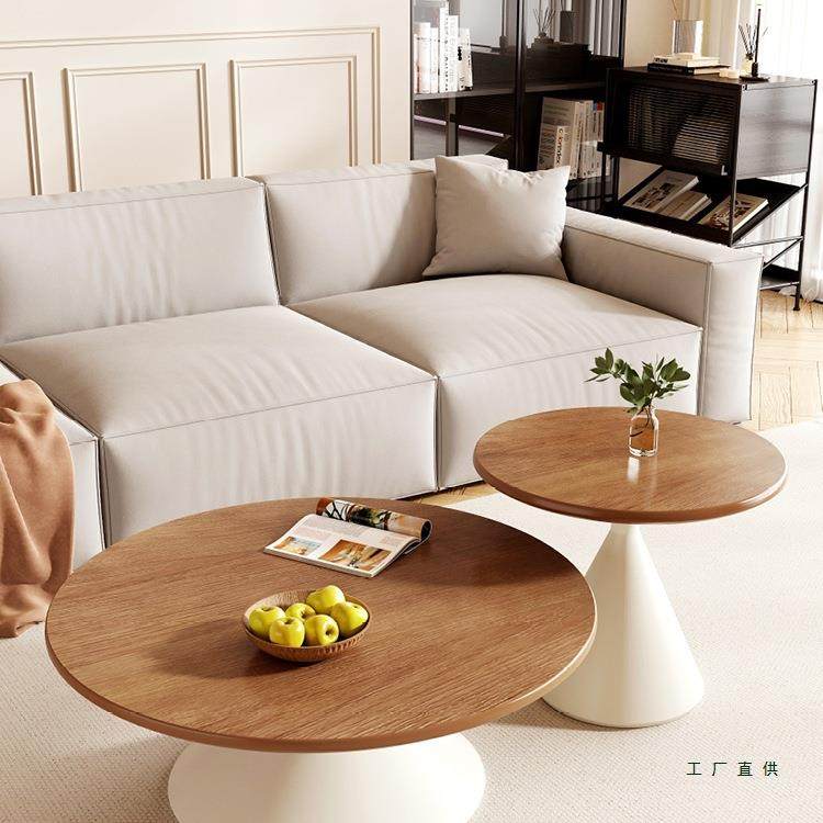 2025新款奶油风家用客厅小户型圆形实木茶几组合沙发边几床头柜子