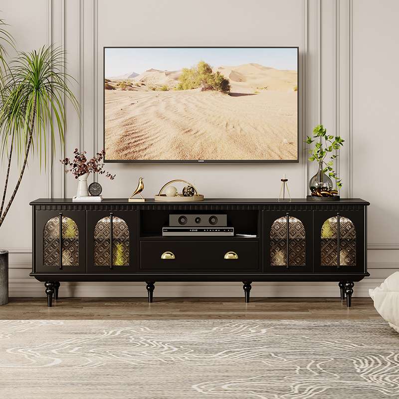 法式复古实木电视柜家用客厅靠墙玻璃带感应灯黑色艺术轻奢视听柜